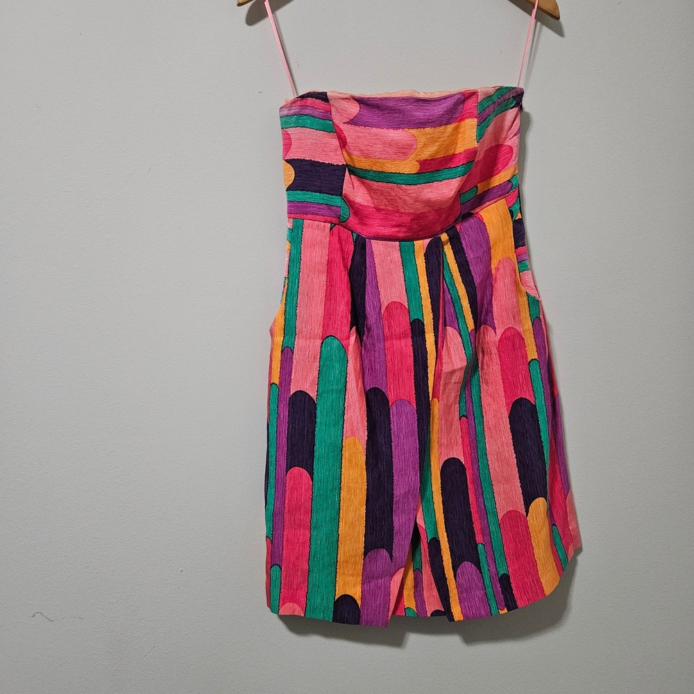 Tibi New York Silk Linen Abstract Print Strapless Mini Dress Pink Orange Green 6